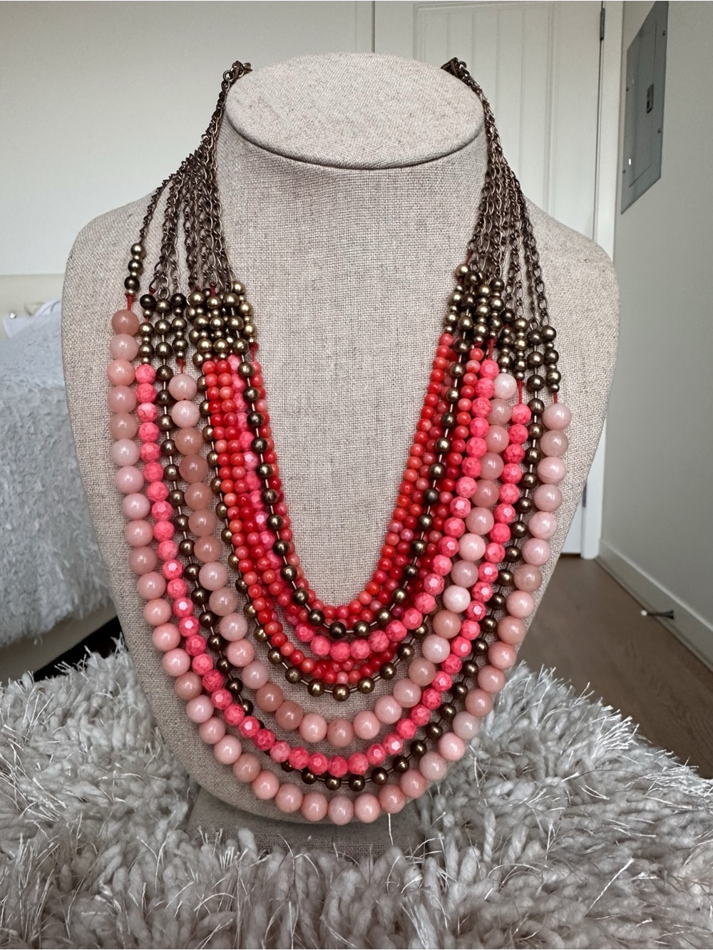 Stella & Dot Coral & Pink Beaded Multi-Strand Statement Necklace